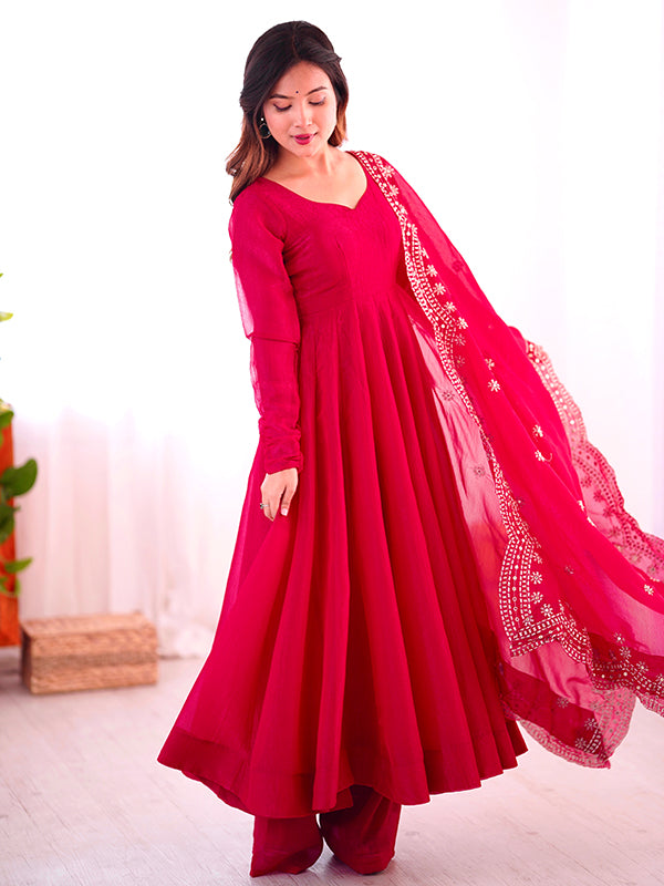Pink Fandy Silk Gown With Embroidery Sequence Work Dupatta