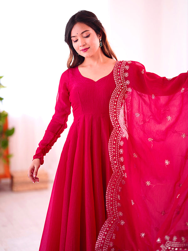 Pink Fandy Silk Gown With Embroidery Sequence Work Dupatta