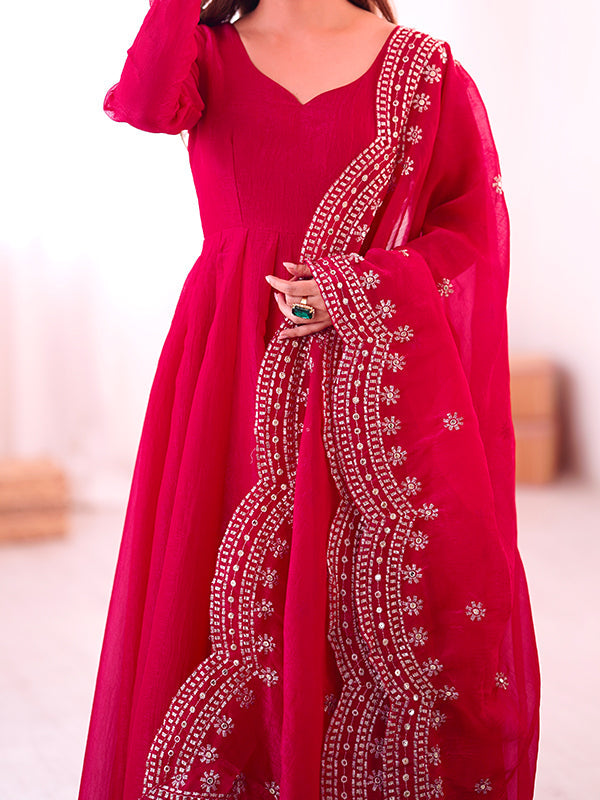 Pink Fandy Silk Gown With Embroidery Sequence Work Dupatta