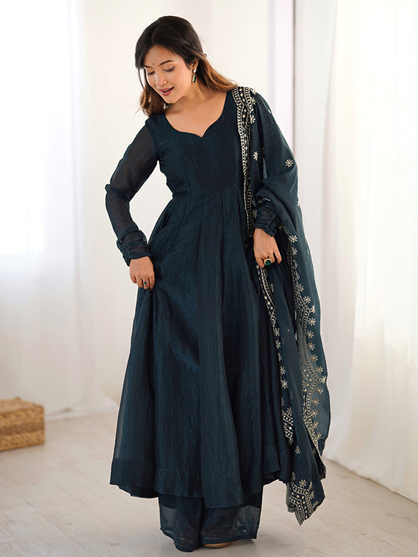 Teal Blue Fandy Silk Gown With Embroidery Sequence Work Dupatta