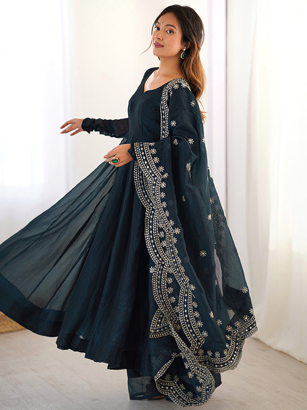 Teal Blue Fandy Silk Gown With Embroidery Sequence Work Dupatta