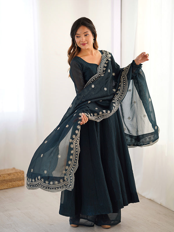 Teal Blue Fandy Silk Gown With Embroidery Sequence Work Dupatta
