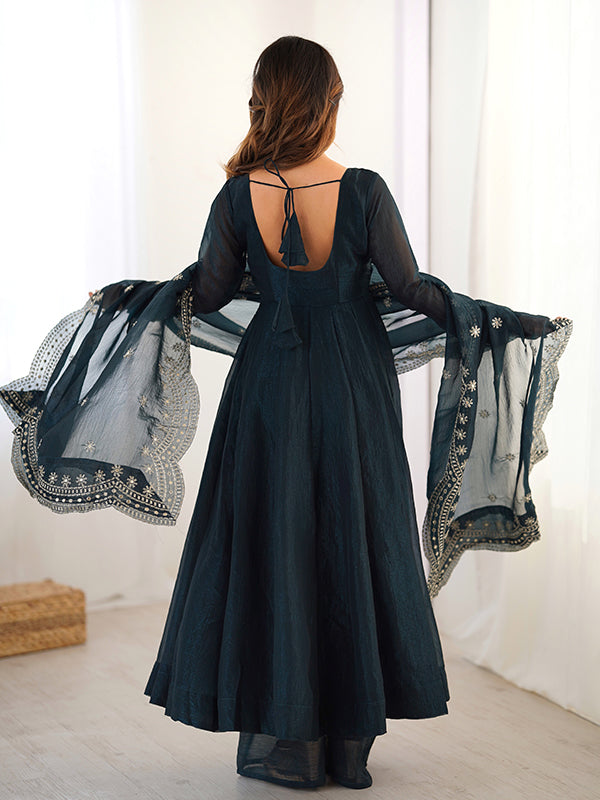 Teal Blue Fandy Silk Gown With Embroidery Sequence Work Dupatta