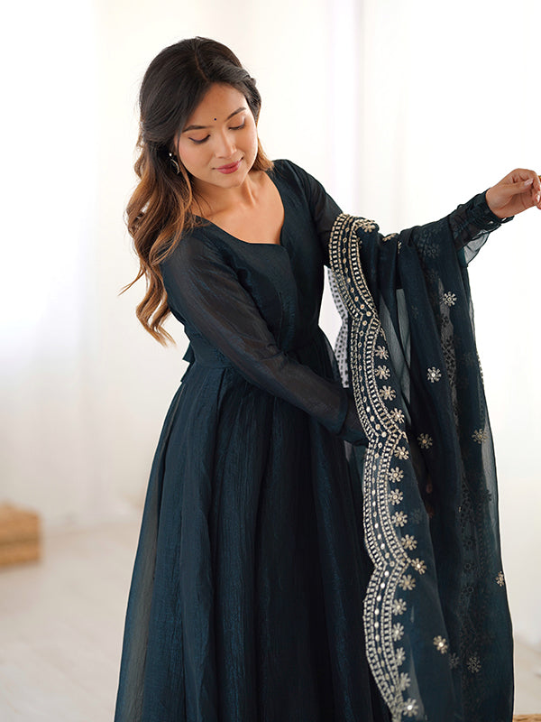 Teal Blue Fandy Silk Gown With Embroidery Sequence Work Dupatta