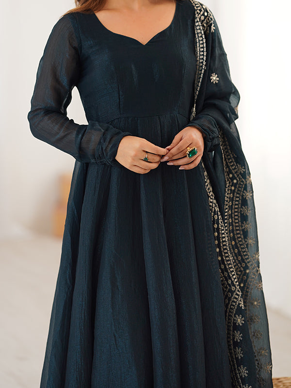 Teal Blue Fandy Silk Gown With Embroidery Sequence Work Dupatta