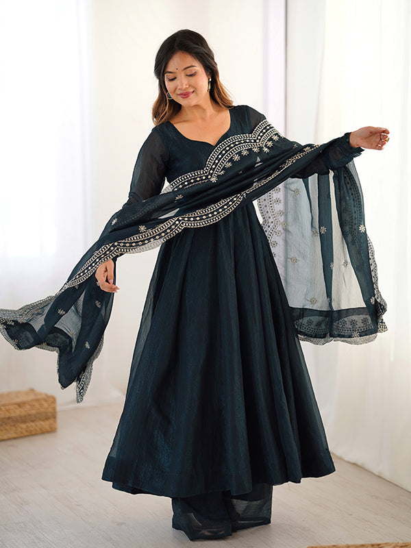 Teal Blue Fandy Silk Gown With Embroidery Sequence Work Dupatta