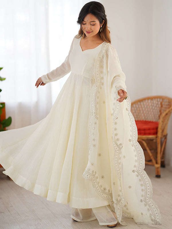 White Fandy Silk Gown With Embroidery Sequence Work Dupatta