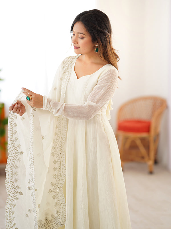 White Fandy Silk Gown With Embroidery Sequence Work Dupatta