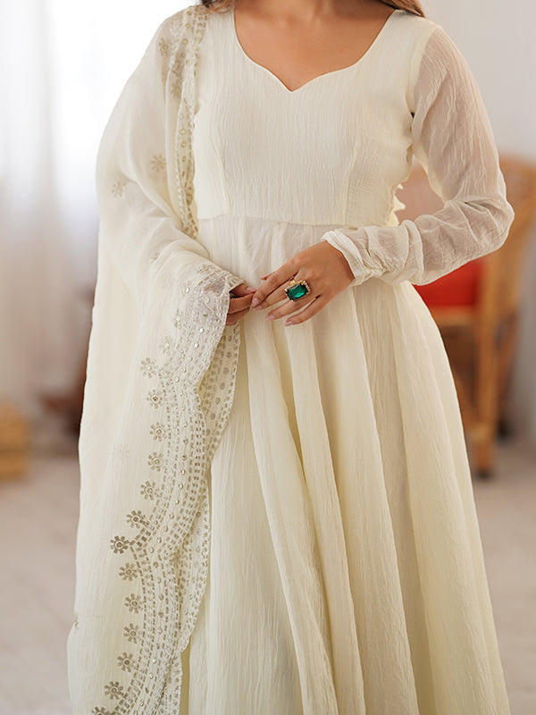 White Fandy Silk Gown With Embroidery Sequence Work Dupatta