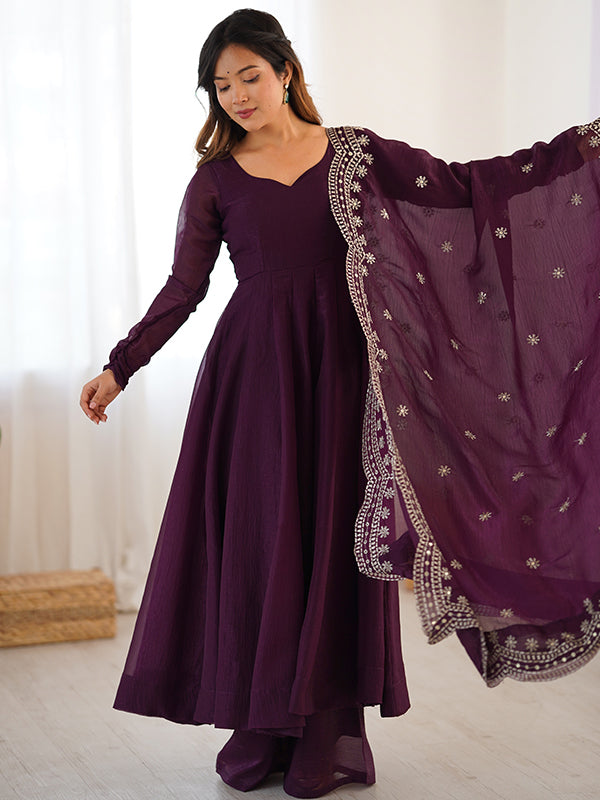 Wine Fandy Silk Gown With Embroidery Sequence Work Dupatta