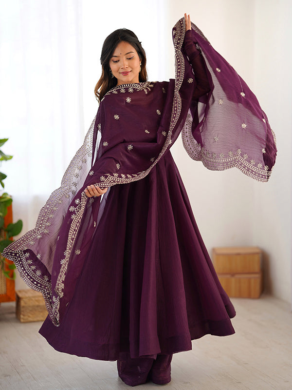 Wine Fandy Silk Gown With Embroidery Sequence Work Dupatta