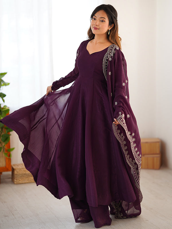 Wine Fandy Silk Gown With Embroidery Sequence Work Dupatta