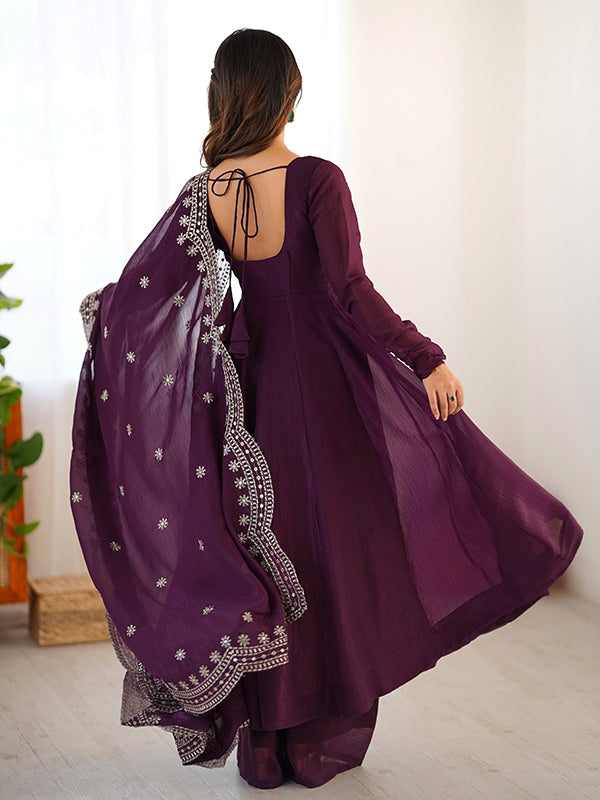 Wine Fandy Silk Gown With Embroidery Sequence Work Dupatta