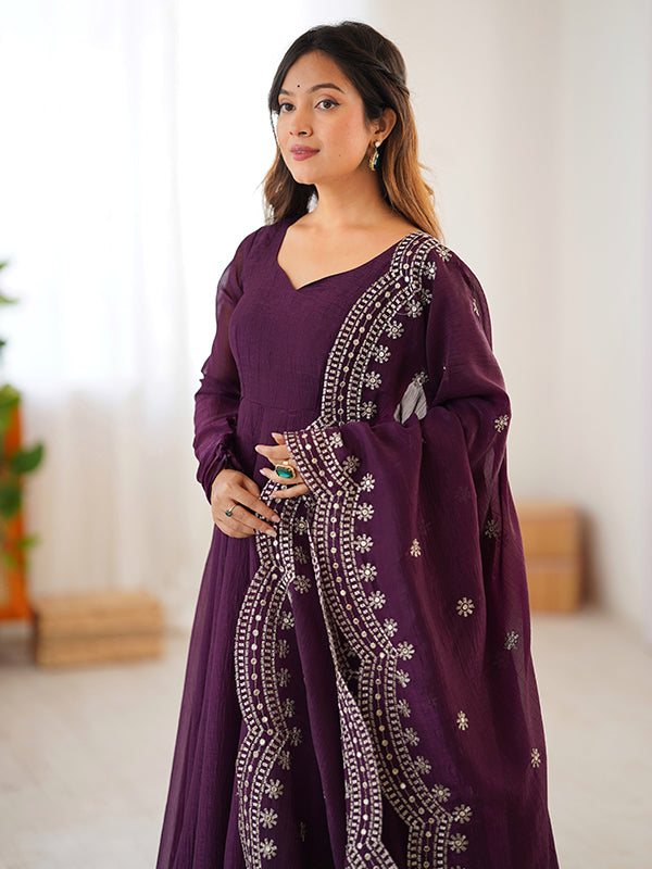 Wine Fandy Silk Gown With Embroidery Sequence Work Dupatta
