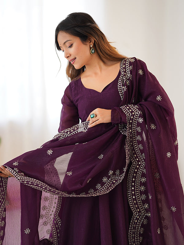 Wine Fandy Silk Gown With Embroidery Sequence Work Dupatta