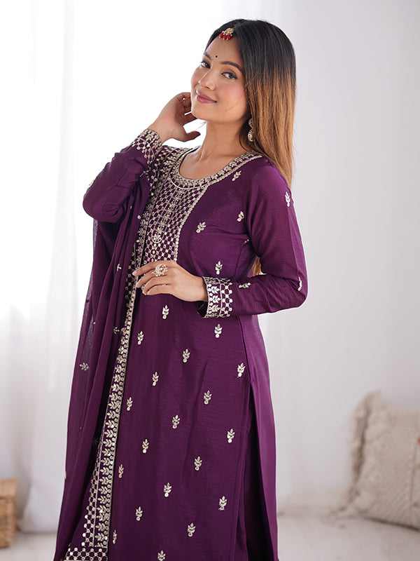Wine Chinon Silk Straight Kurti With Pant & Dupatta Set