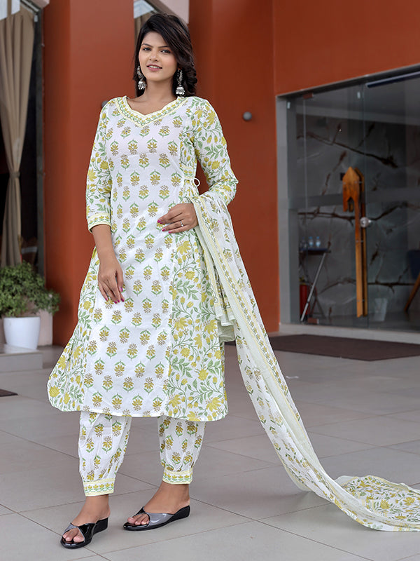 Yellow Cotton Afghani Kurti With Pant & Dupatta Set