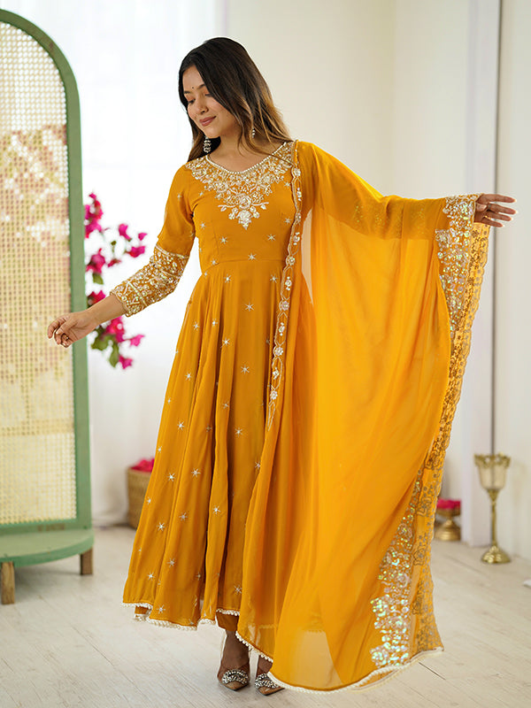 Mustard Yellow Rainbow Sequence Work Anarkali Gown With Dupatta