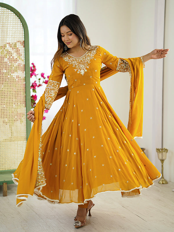 Mustard Yellow Rainbow Sequence Work Anarkali Gown With Dupatta