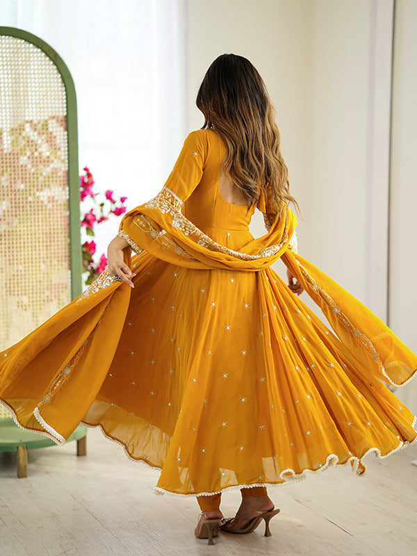 Mustard Yellow Rainbow Sequence Work Anarkali Gown With Dupatta