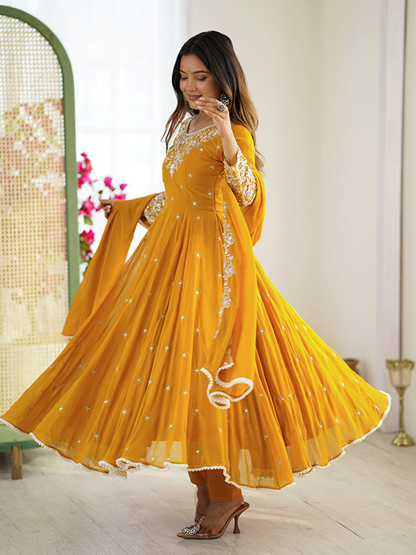 Mustard Yellow Rainbow Sequence Work Anarkali Gown With Dupatta