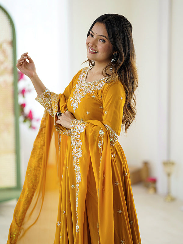 Mustard Yellow Rainbow Sequence Work Anarkali Gown With Dupatta