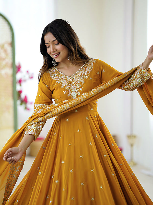 Mustard Yellow Rainbow Sequence Work Anarkali Gown With Dupatta