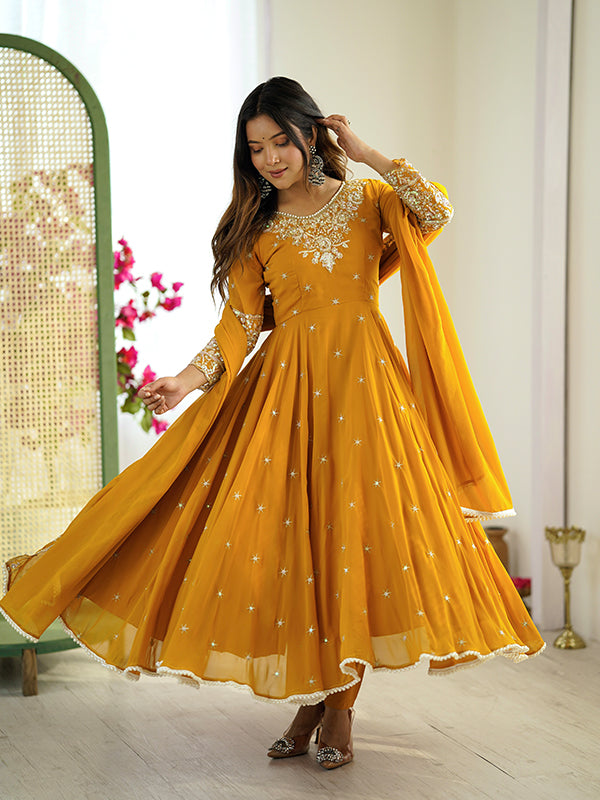 Mustard Yellow Rainbow Sequence Work Anarkali Gown With Dupatta