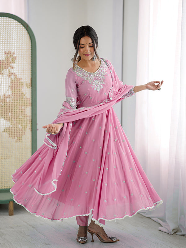 Pink Rainbow Sequence Work Anarkali Gown With Dupatta