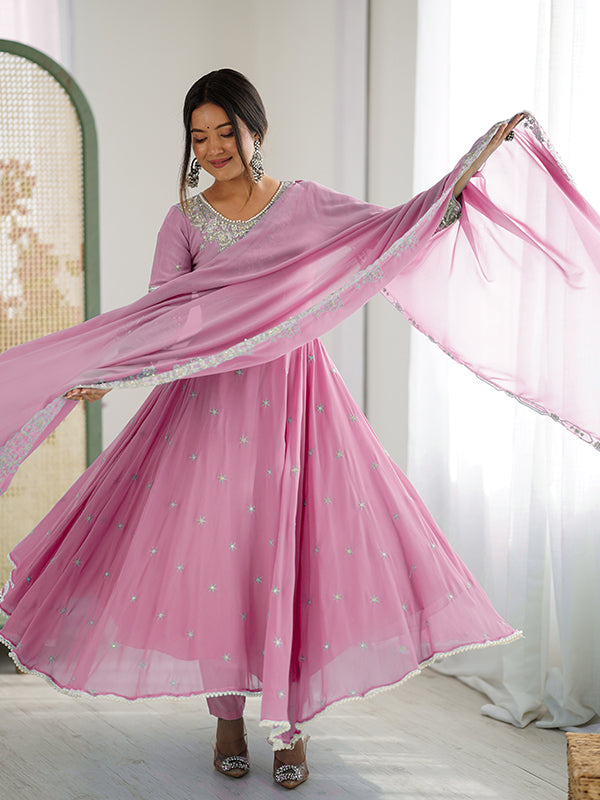 Pink Rainbow Sequence Work Anarkali Gown With Dupatta