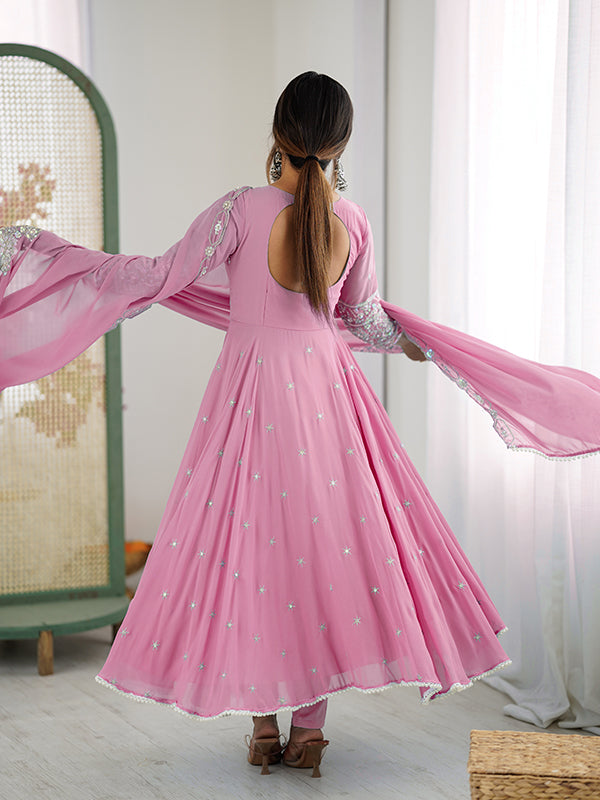 Pink Rainbow Sequence Work Anarkali Gown With Dupatta