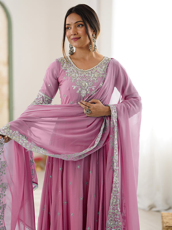 Pink Rainbow Sequence Work Anarkali Gown With Dupatta