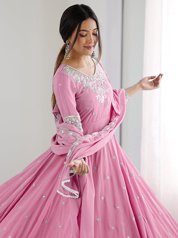 Pink Rainbow Sequence Work Anarkali Gown With Dupatta