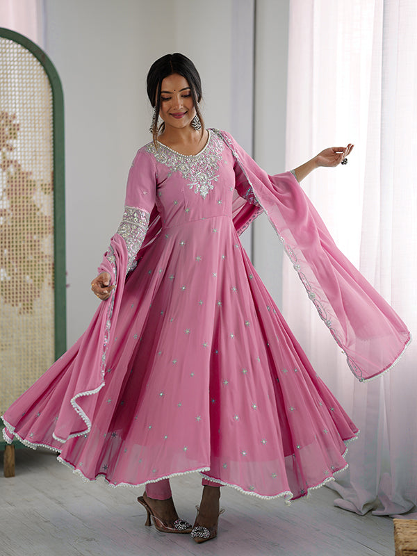 Pink Rainbow Sequence Work Anarkali Gown With Dupatta
