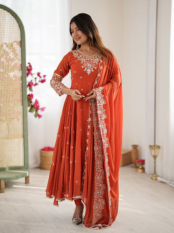 Rust Orange Rainbow Sequence Work Anarkali Gown With Dupatta