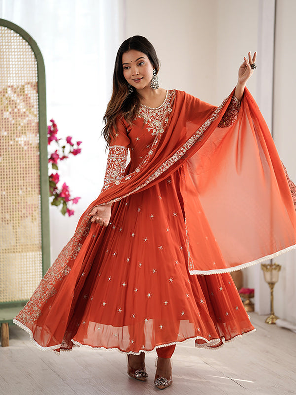 Rust Orange Rainbow Sequence Work Anarkali Gown With Dupatta