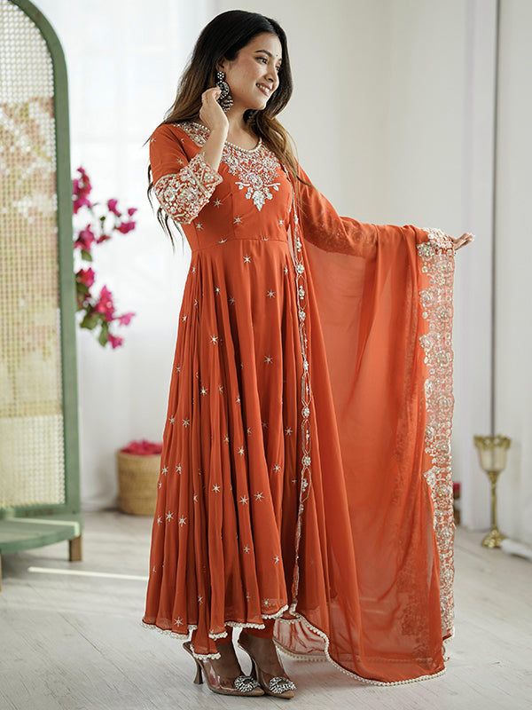 Rust Orange Rainbow Sequence Work Anarkali Gown With Dupatta