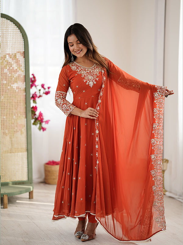 Rust Orange Rainbow Sequence Work Anarkali Gown With Dupatta