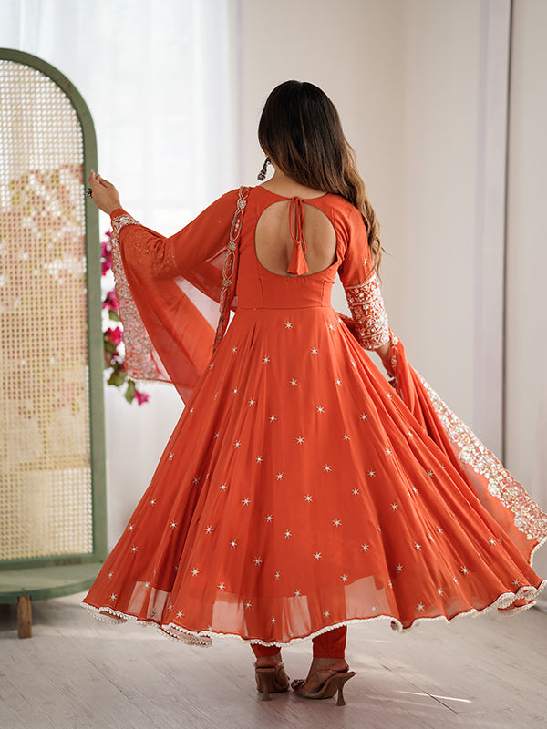 Rust Orange Rainbow Sequence Work Anarkali Gown With Dupatta