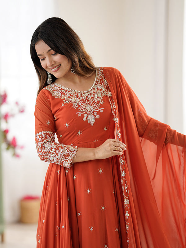 Rust Orange Rainbow Sequence Work Anarkali Gown With Dupatta