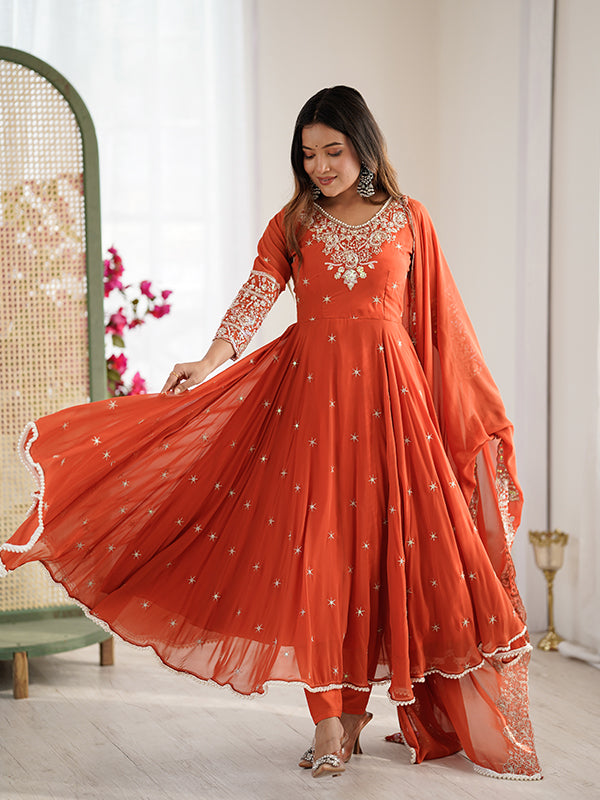 Rust Orange Rainbow Sequence Work Anarkali Gown With Dupatta