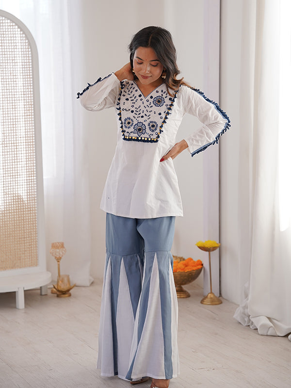 White & Blue Hand Work V-Neck Roman Silk Co-ords Set