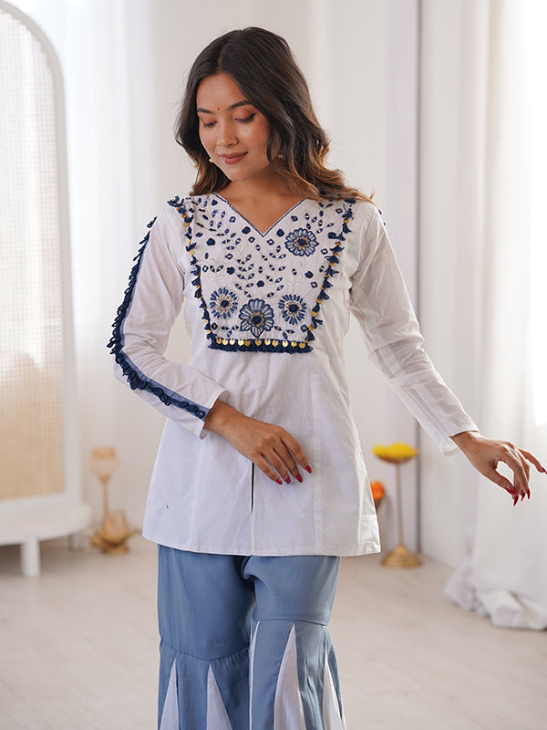 White & Blue Hand Work V-Neck Roman Silk Co-ords Set