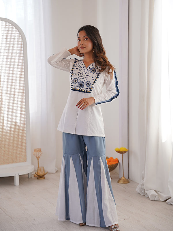 White & Blue Hand Work V-Neck Roman Silk Co-ords Set