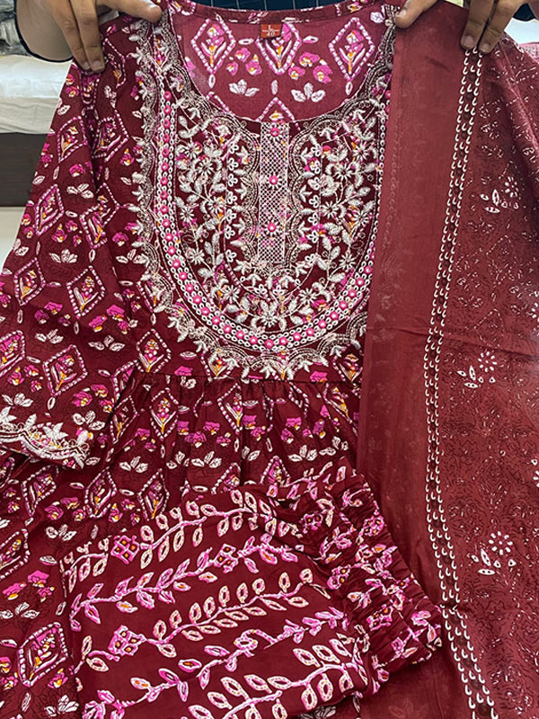 Wine Naira Embroidered Kurti With Pant & Dupatta