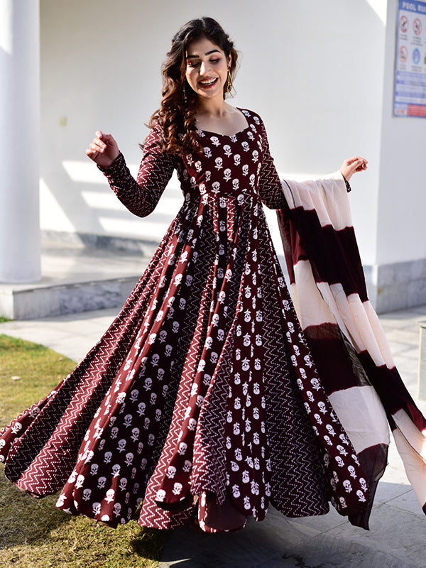 Coffee Maroon Anarkali Gown With Dupatta Set – Niharika Fashion