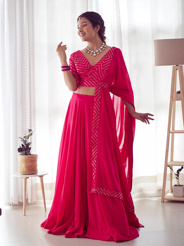 Pink Golden Lace Work Georgette Lehenga Choli