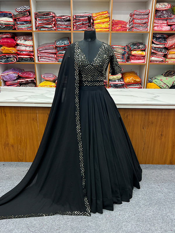 Black Golden Lace Work Georgette Lehenga Choli