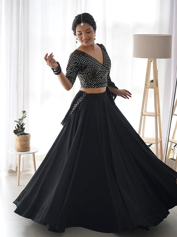 Black Golden Lace Work Georgette Lehenga Choli