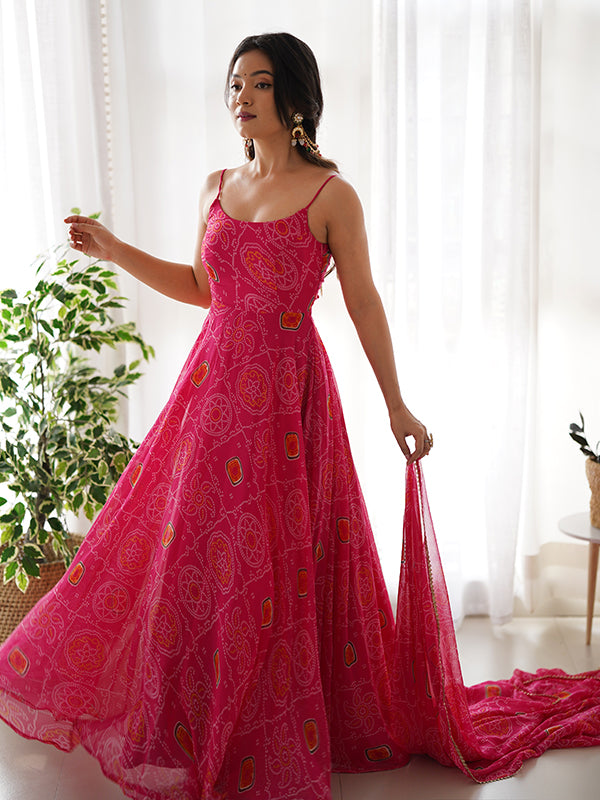 Bandhej Pink Chiffon Printed Gown With Pant & Dupatta Set